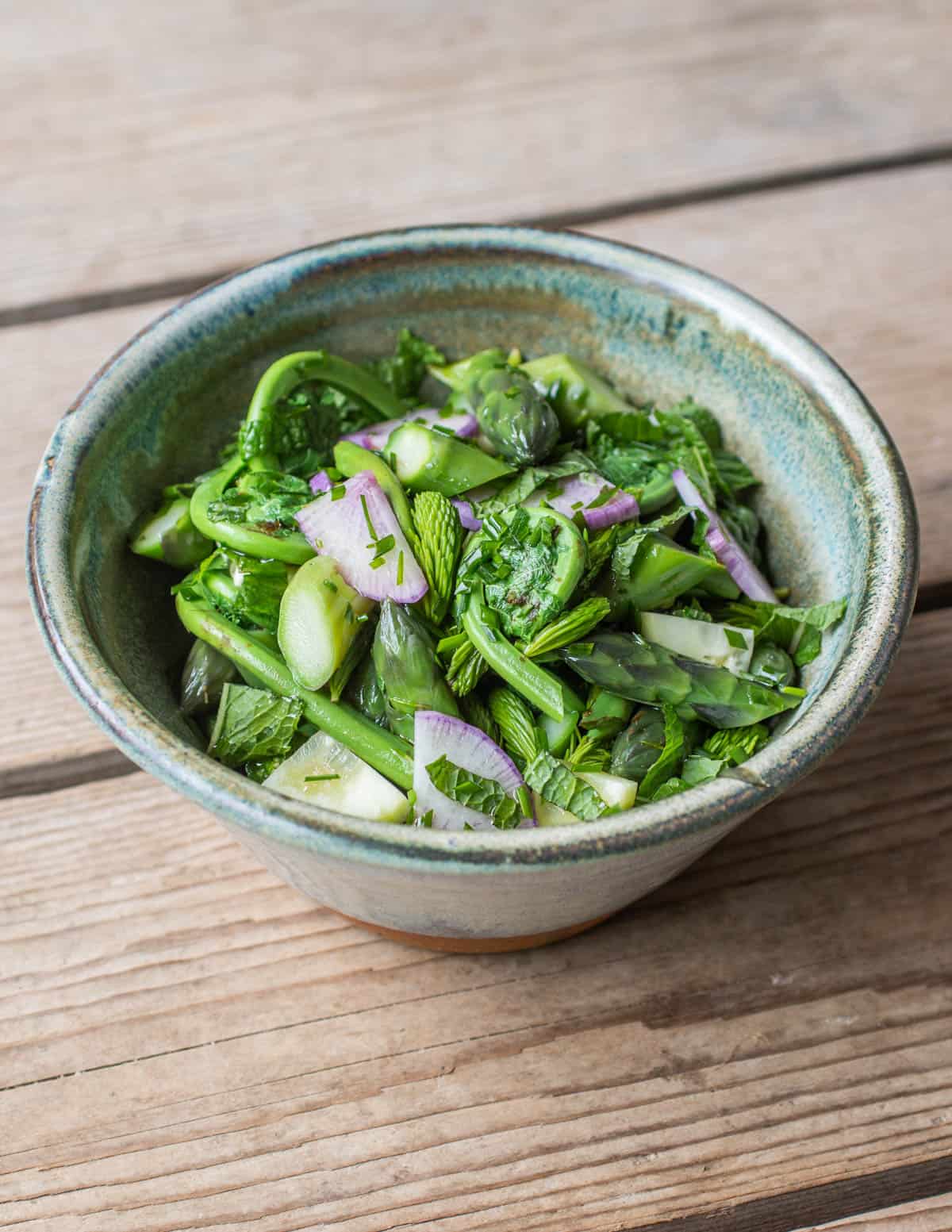 A salad of fiddlehead ferns and spruce tips in a bowl. 
