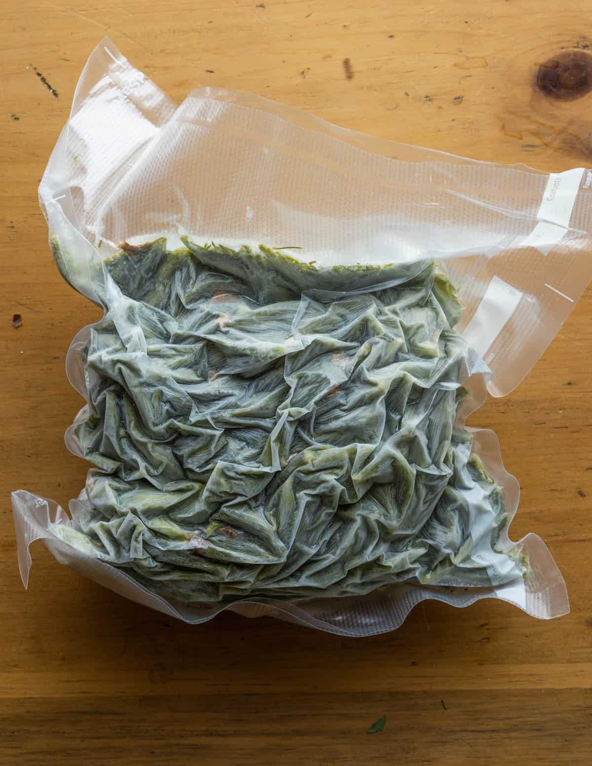 Frozen spruce tips in a vaccum bag. 