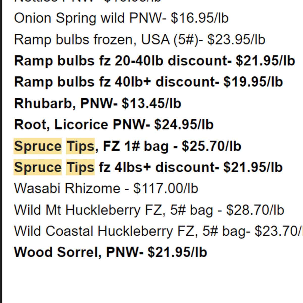 A price list of foraged foods including spruce tips. 