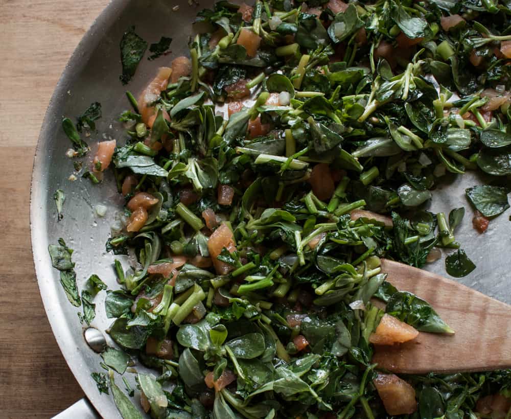 Braised Purslane with Tomato and Duck Fat