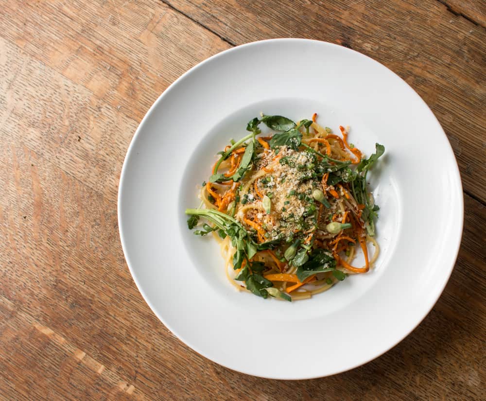 Linguine with cordyceps, watercress, and chives 
