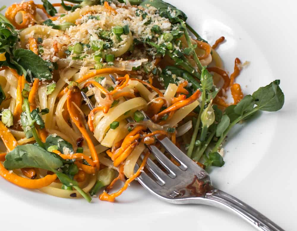 Linguine with cordyceps, watercress, and chives 