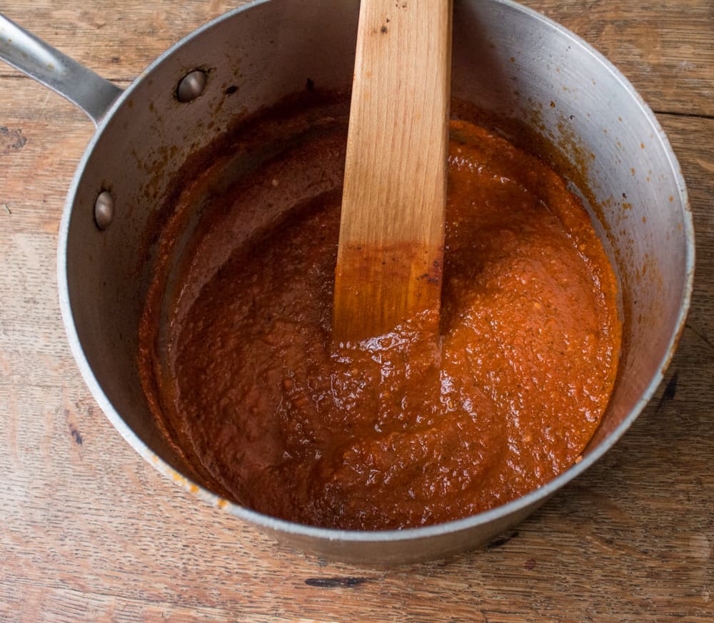 Spicy tomato sauce with wild bergamot and ramp leaves