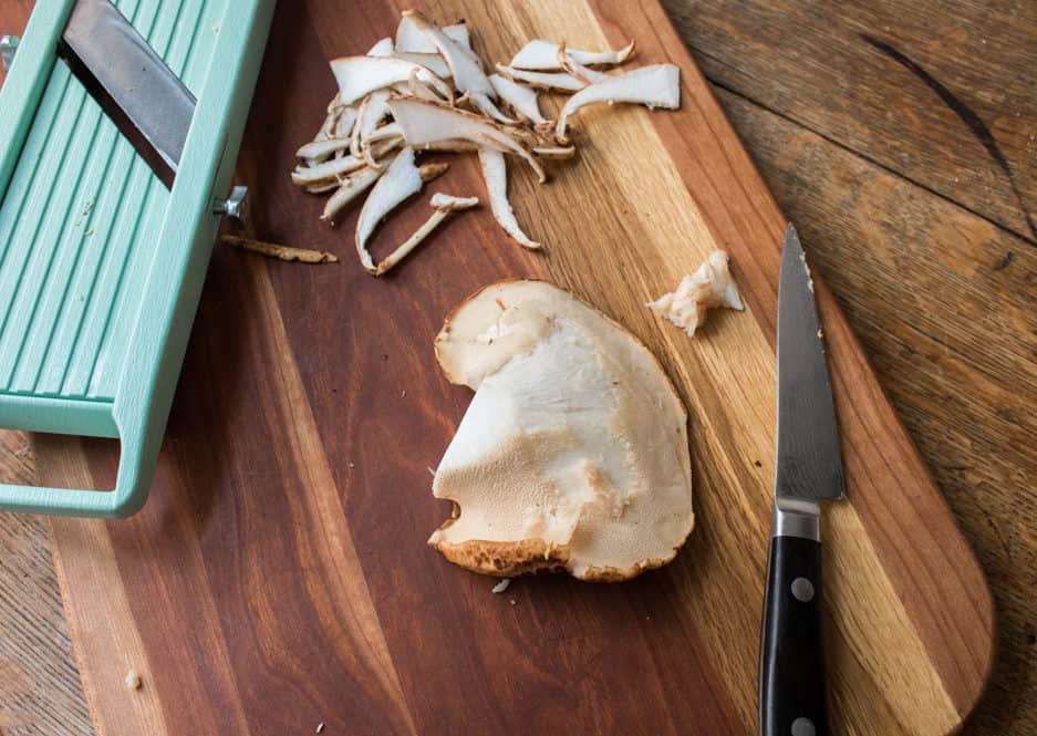 Removing the pores of a dryad saddle or pheasant back mushroom