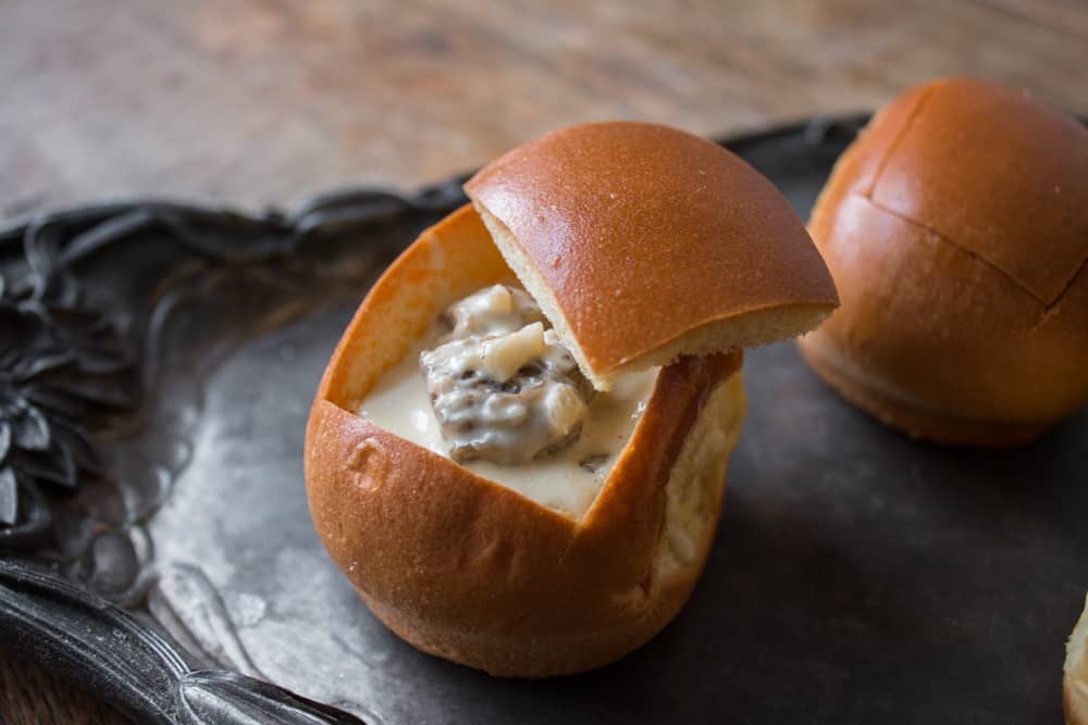 Brioche buns stuffed with morel mushroom soup