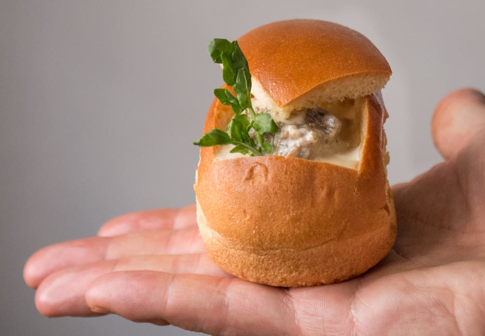 Brioche buns stuffed with morel mushroom soup