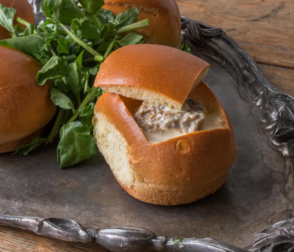 Brioche buns stuffed with morel mushroom soup 