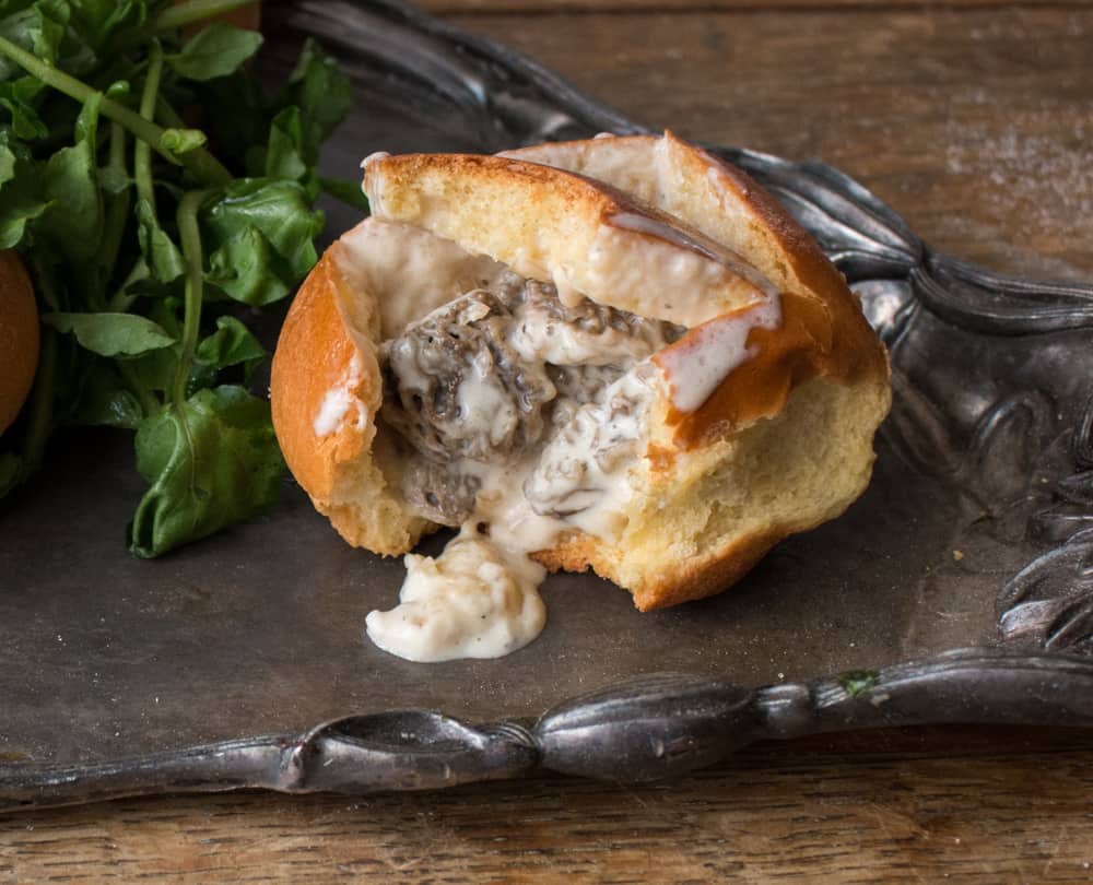 Brioche buns stuffed with morel mushroom soup 