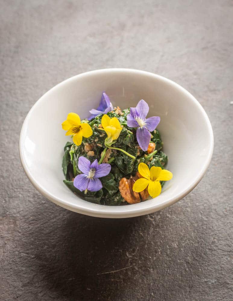 Japanese violet greens salad with hickory nuts 