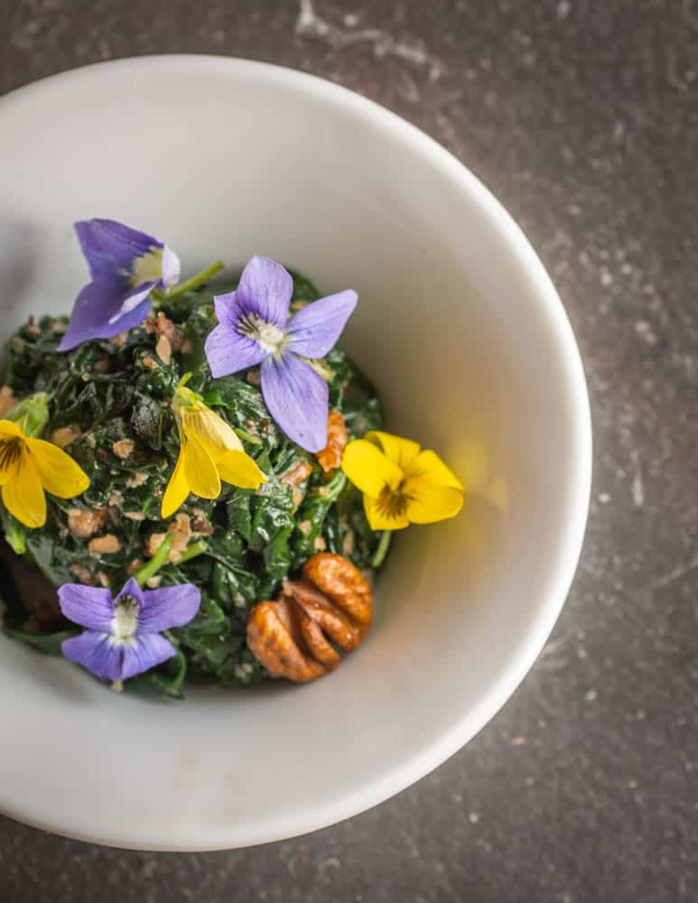Japanese violet greens salad with hickory nuts