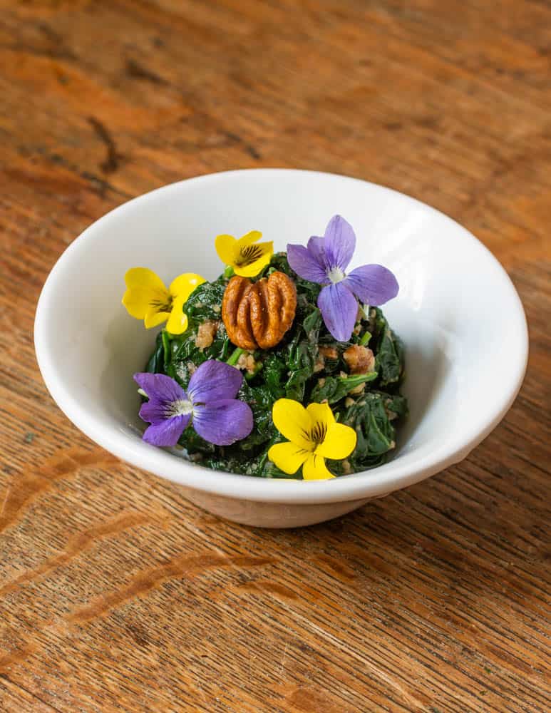 Japanese violet greens salad with hickory nuts