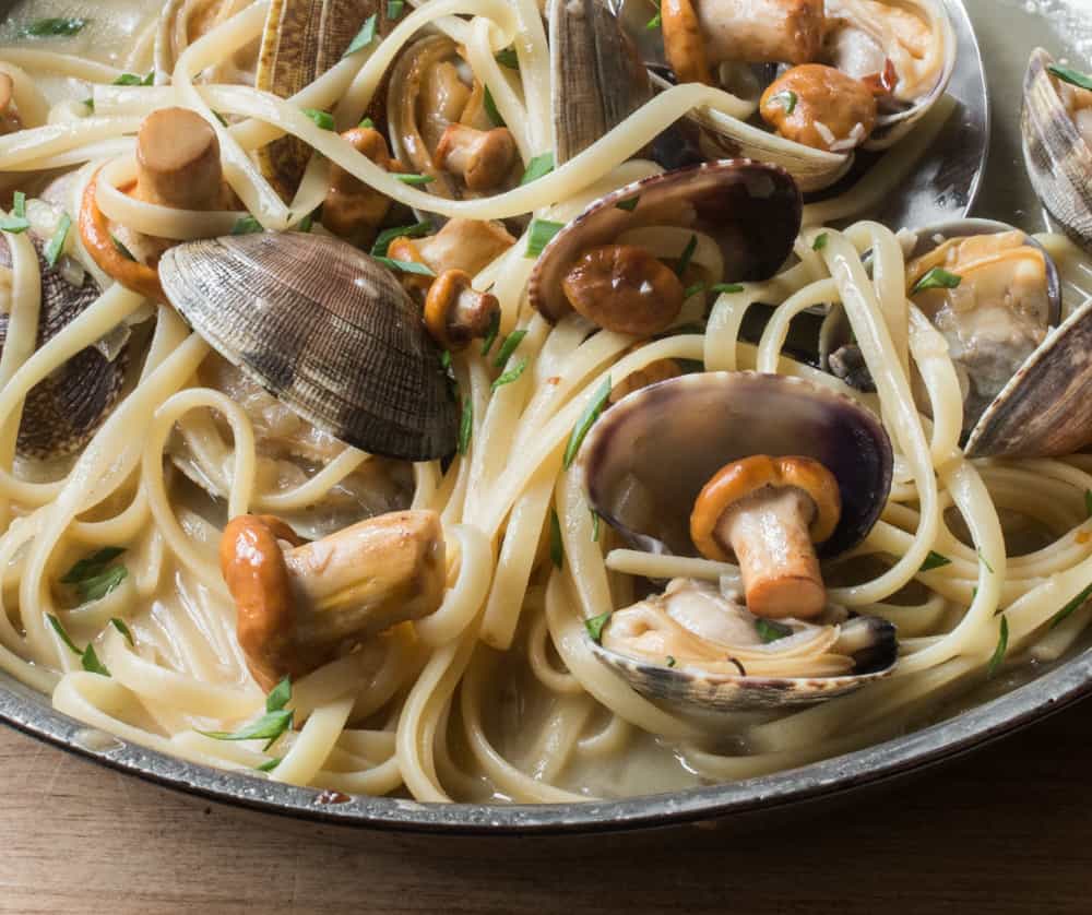 Linguine with white manilla clam sauce and chanterelle mushrooms