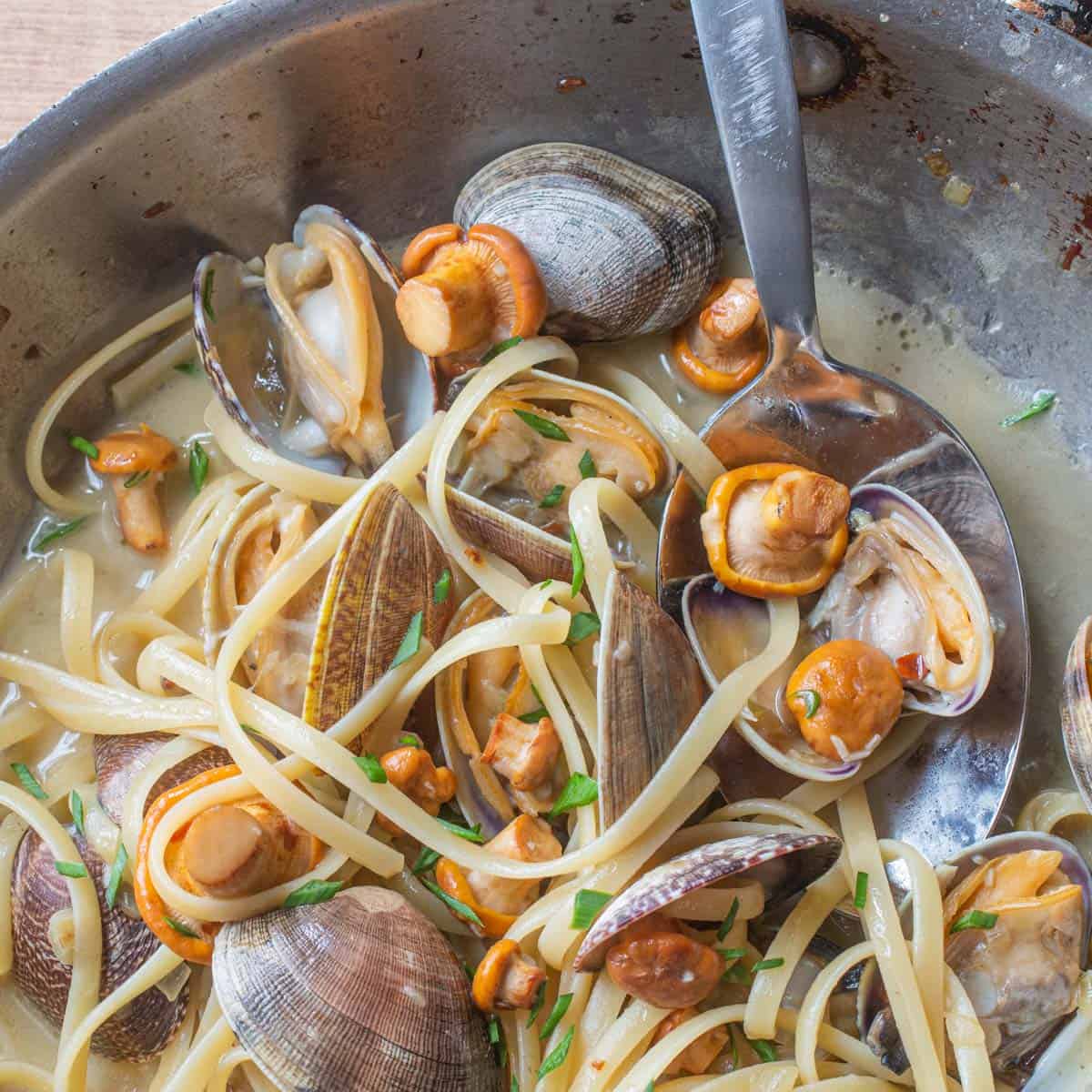Linguine with white manilla clam sauce and chanterelle mushrooms