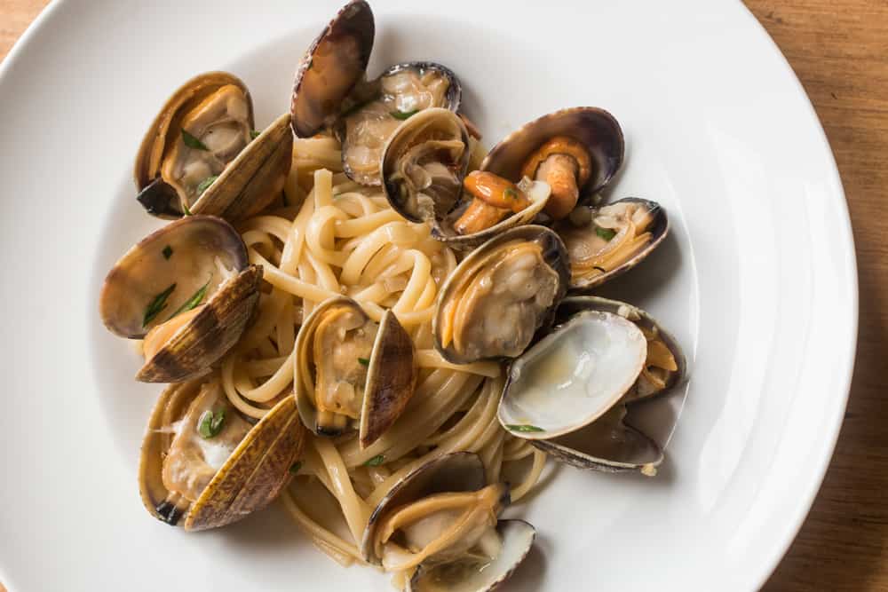 Linguine with white manilla clam sauce and chanterelle mushrooms