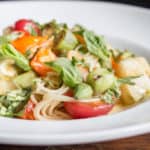 Spaghetti with milkweed pods, heirloom tomatoes and basil