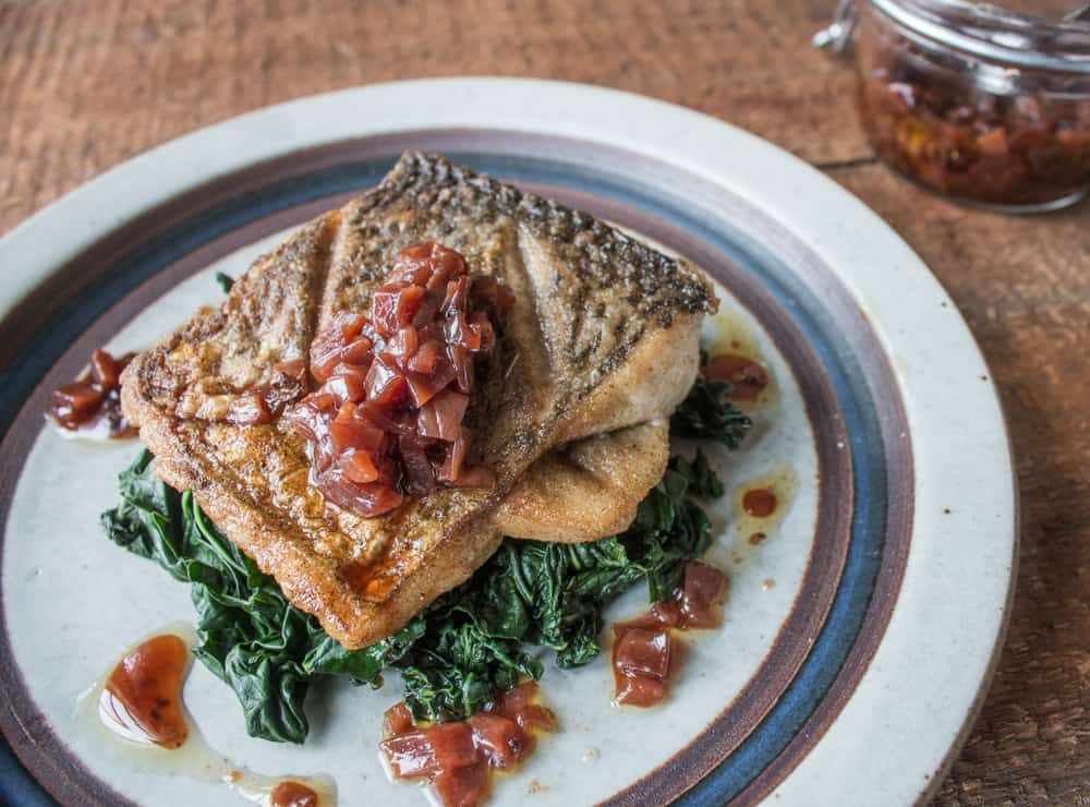 Seared whitefish with beefsteak mushroom relish