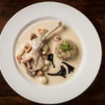White pheasant stew with chanterelles, black trumpet mushrooms and heirloom Wisconsin rice