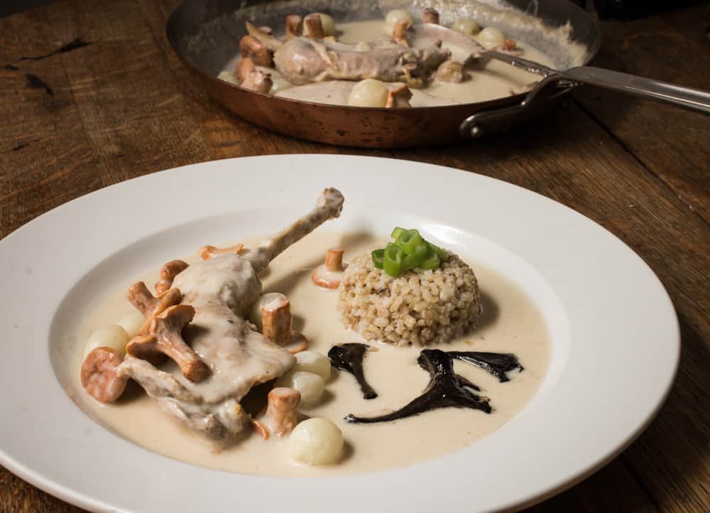Pheasant blanquette with chanterelles, black trumpet mushrooms and heirloom Wisconsin rice