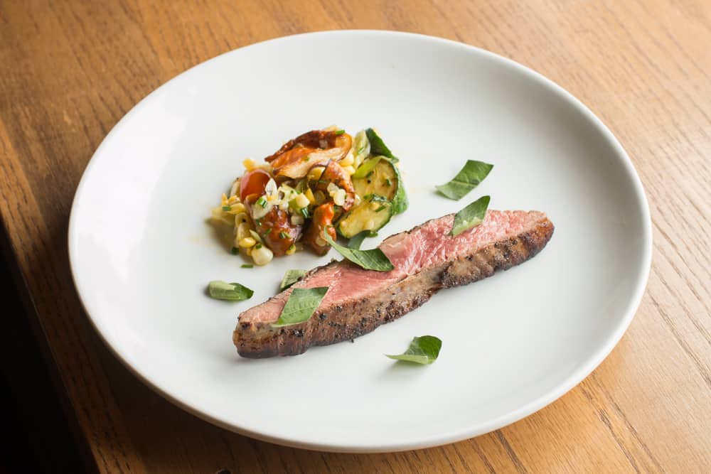 sliced flank steak on a plate with mushroom hash 