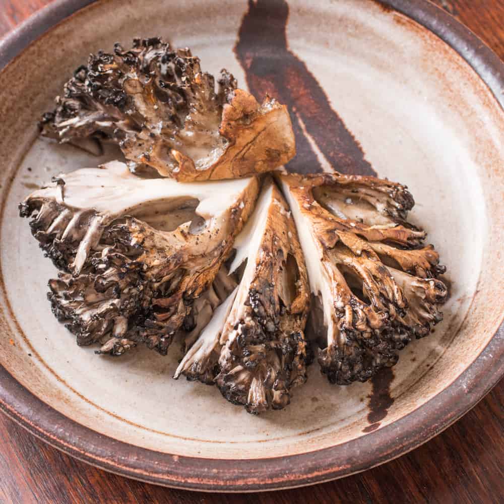 Hen of the woods mushroom roast with frizzled leeks