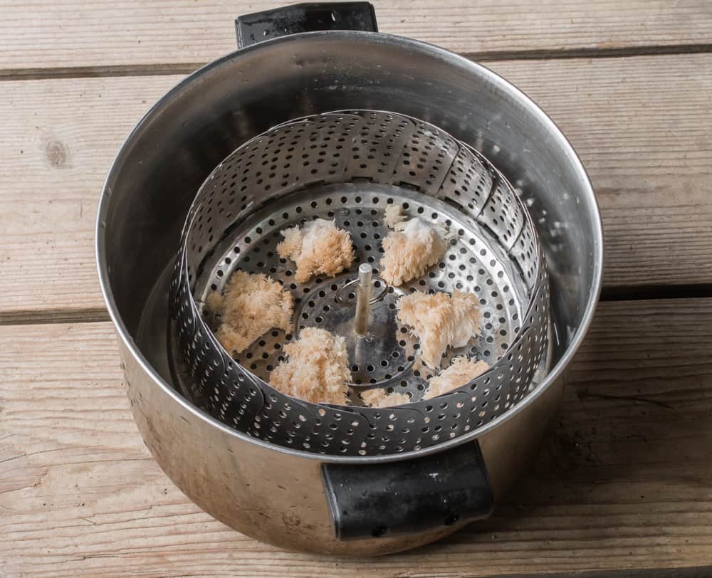 Steamed hericium corralloides mushrooms with drawn butter and fried herbs