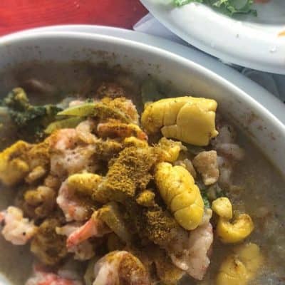 Ackee with saltfish, shrimp and curry