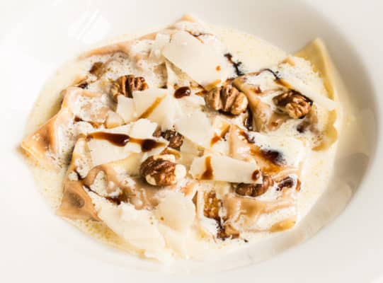 Buttercup squash ravioli with hickory nuts and birch syrup 