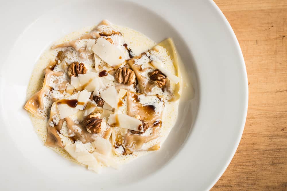 Buttercup squash ravioli with hickory nuts and birch syrup