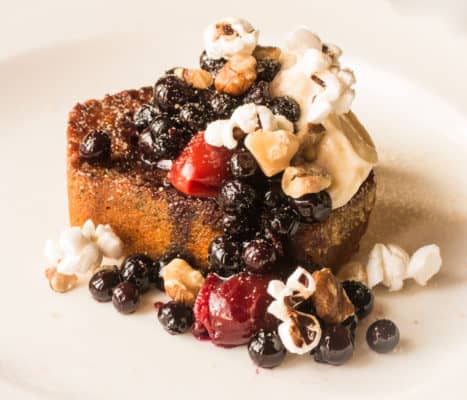 Caramelized pumpkin bread with wild plums, candied black walnuts, wild blueberries and heirloom popcorn 