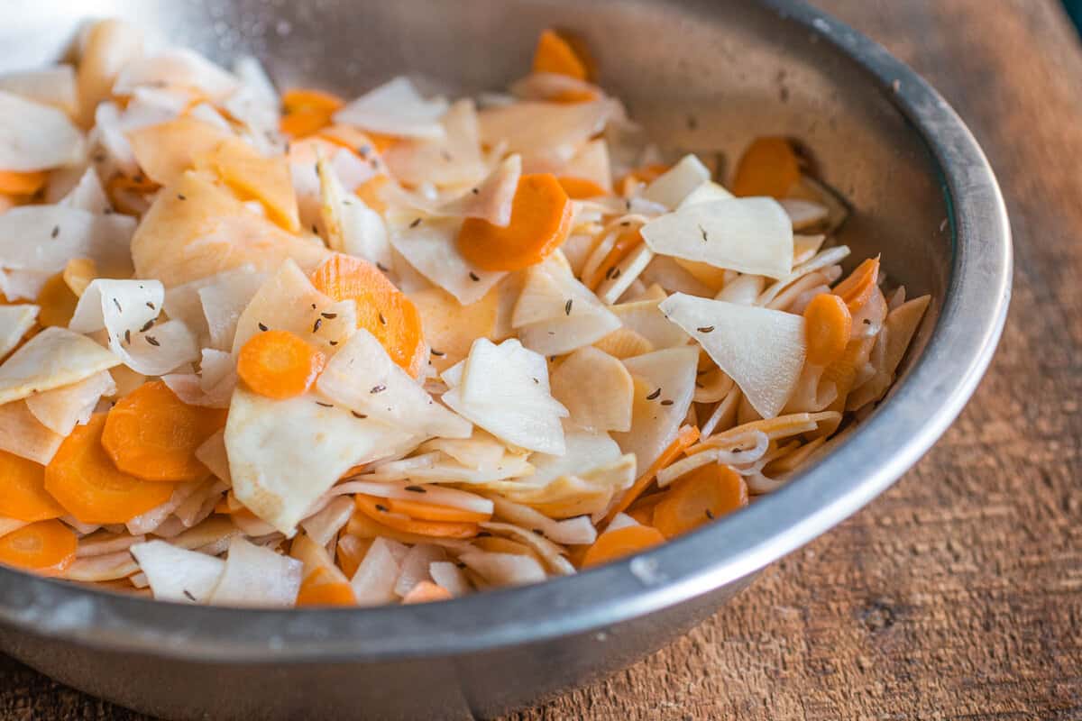 fermented root vegetables with wild caraway: parsnip, celery root, carrots, turnips, rutabaga