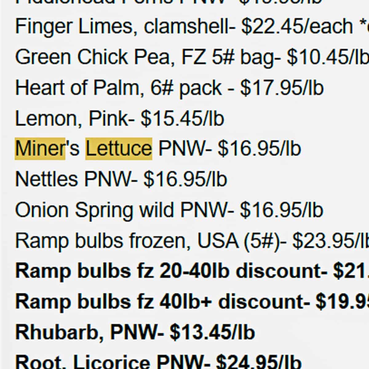 A list of prices for different wild plants 