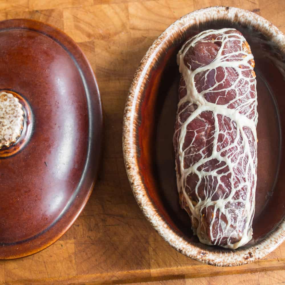 Venison pot roast wrapped in caul fat 