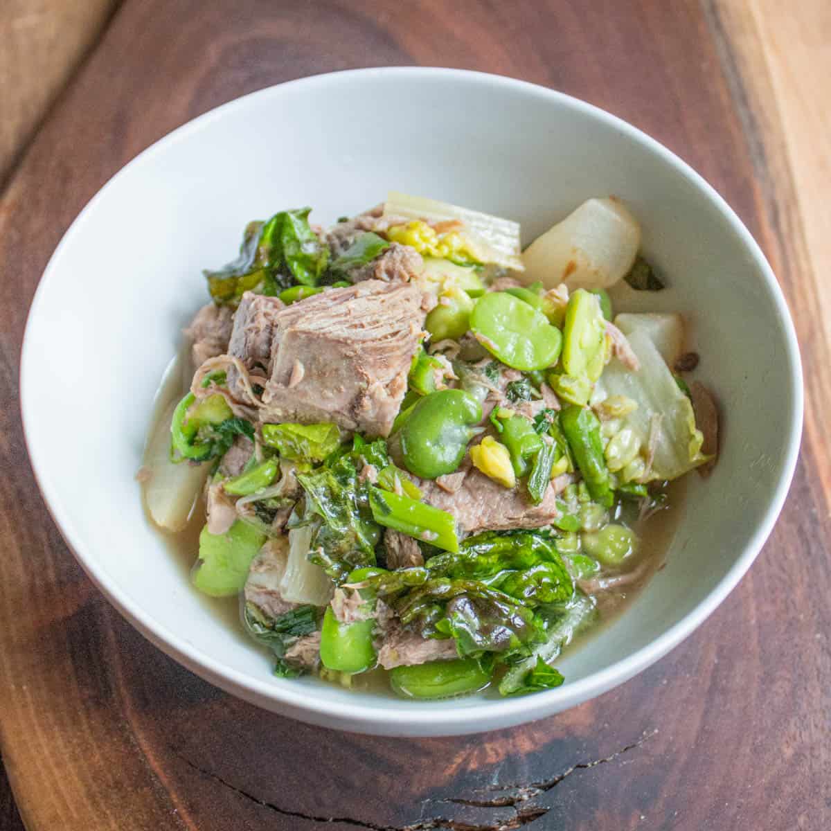 Scottish Hotch Potch stew with nettle tops and lamb