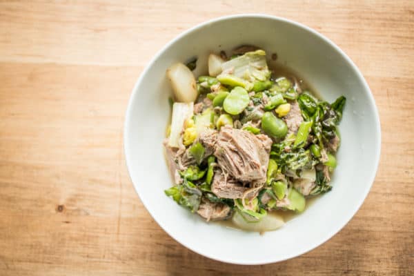 Lamb shoulder stew with spring vegetables and nettles