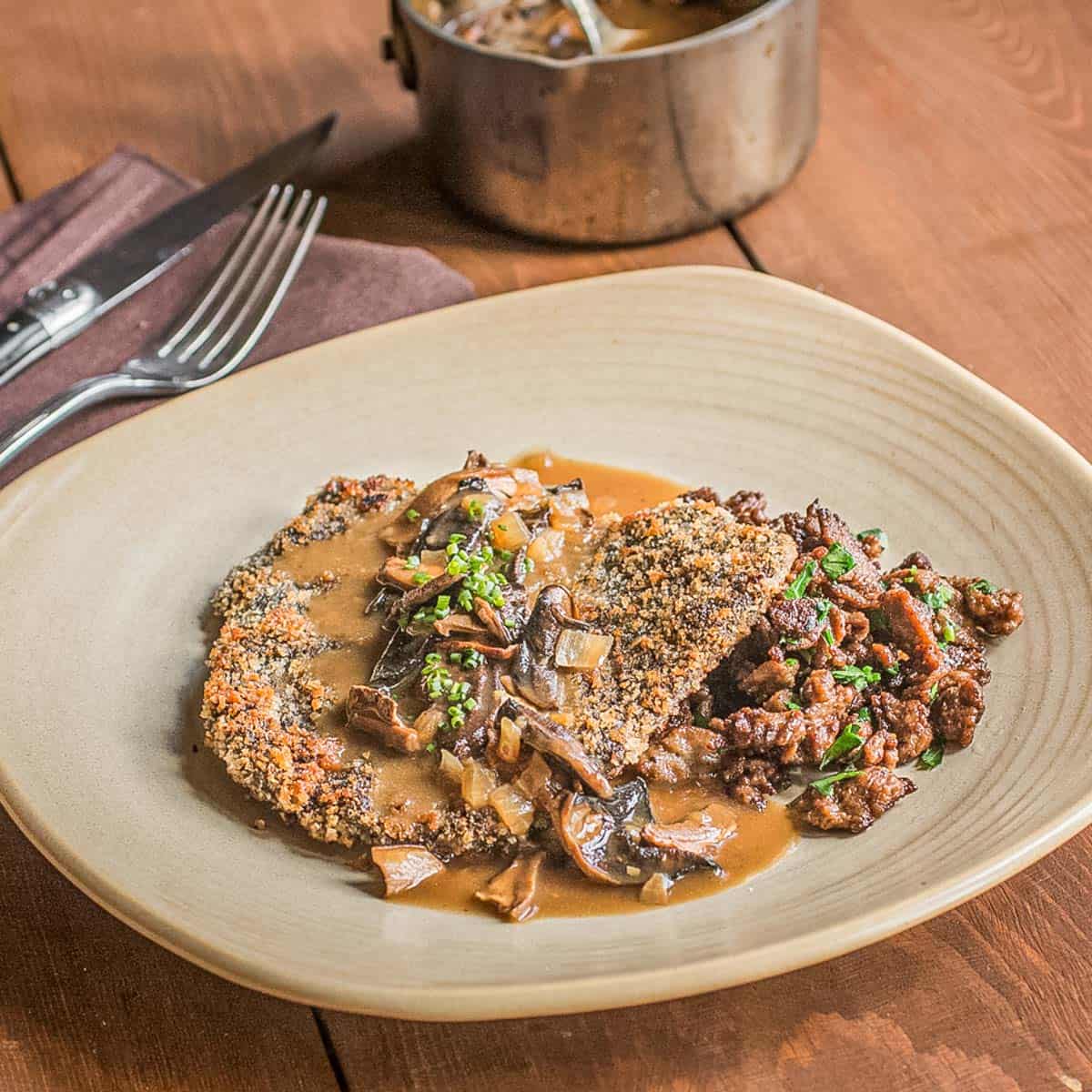 Venison jaegershnitzel with Leccinum mushroom sauce and acorn polenta