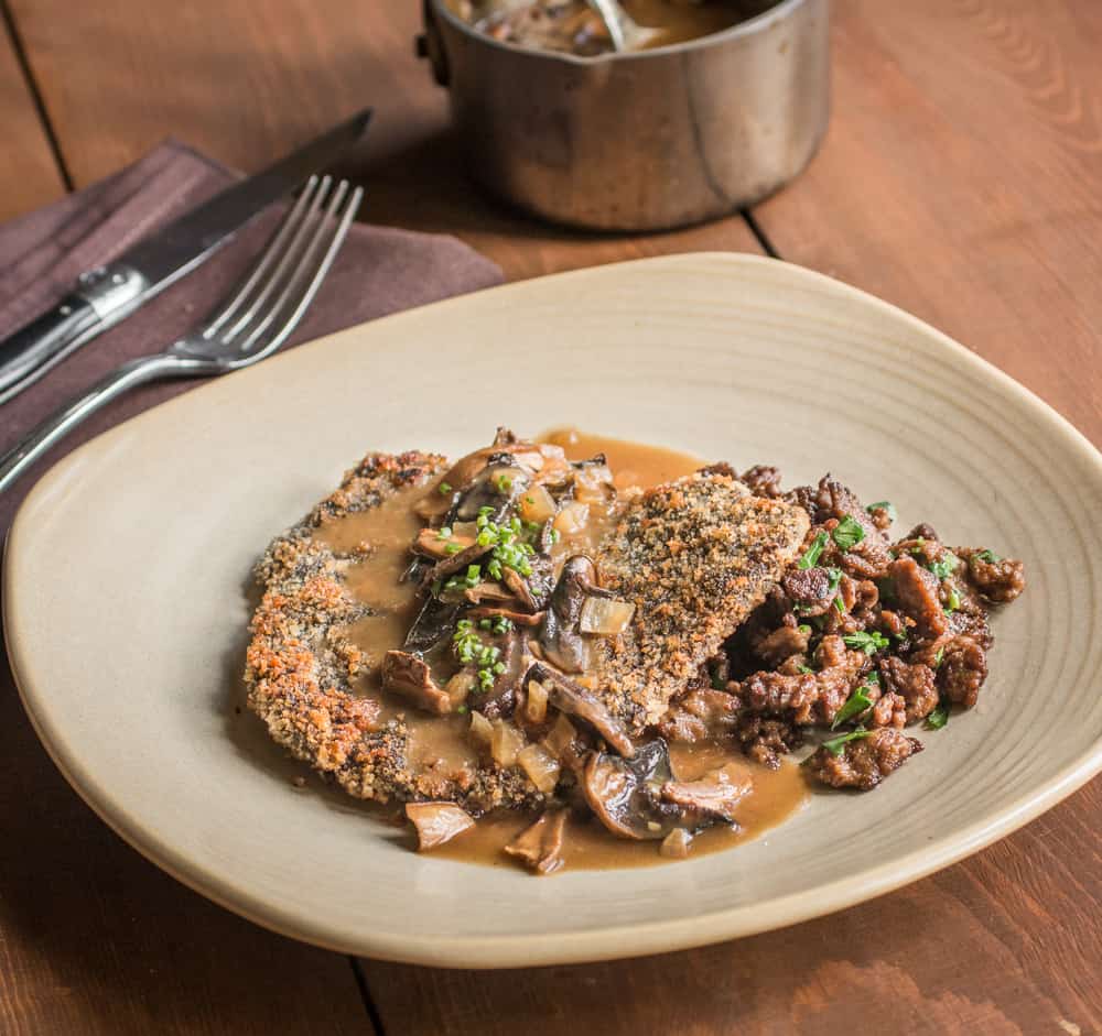 Venison jaegershnitzel with Leccinum mushroom sauce and acorn polenta