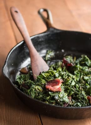 Amaranth, lamb's quarters, and galinsoga with venison bacon