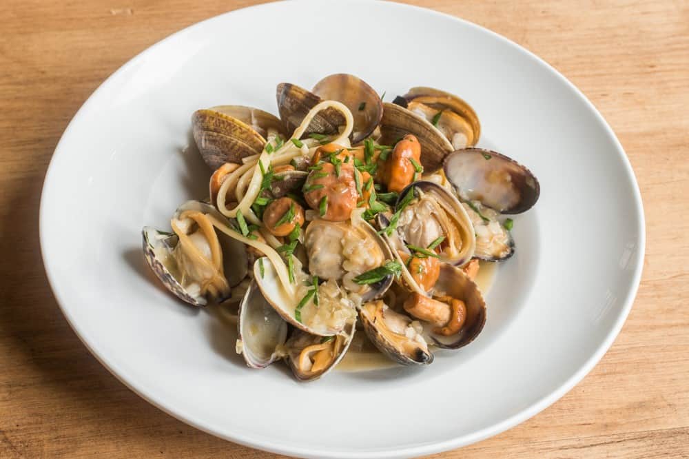 linguine with white clam sauce and chanterelle mushrooms
