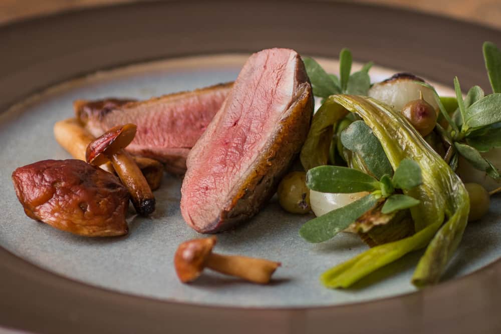 Pigeon with chestnut boletes, spring onions, purslane and salted gooseberries