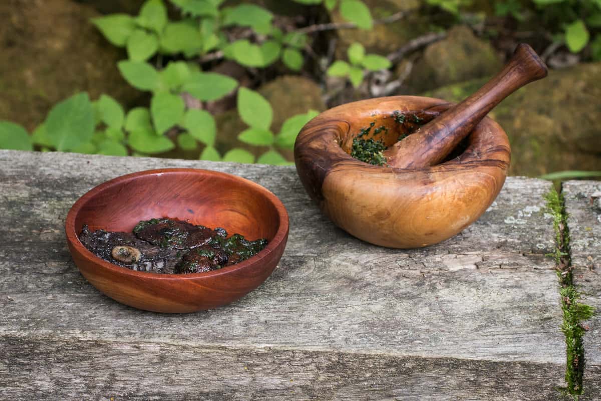 Stropharia or wine cap mushrooms cooked in embers with crushed parsley and garlic sauce