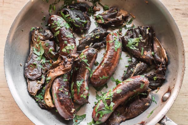 Sauteed Gomphus clavatus or pig ear mushroom with blood sausage