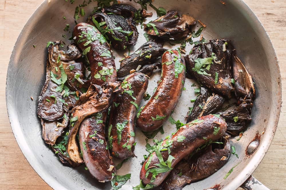 Sauteed Gomphus clavatus or pig ear mushroom with blood sausage 