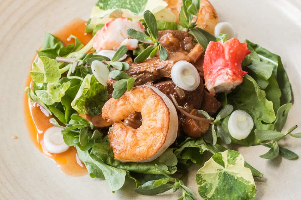 Seafood salad with arugula and marinated lactifluus volemus milkcap mushrooms (4)