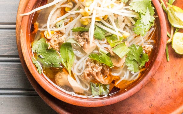 Vietnamese Style Chicken Noodle Soup with Coral Mushrooms And Rau Ram