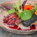pigeon brochettes with cherry sauce