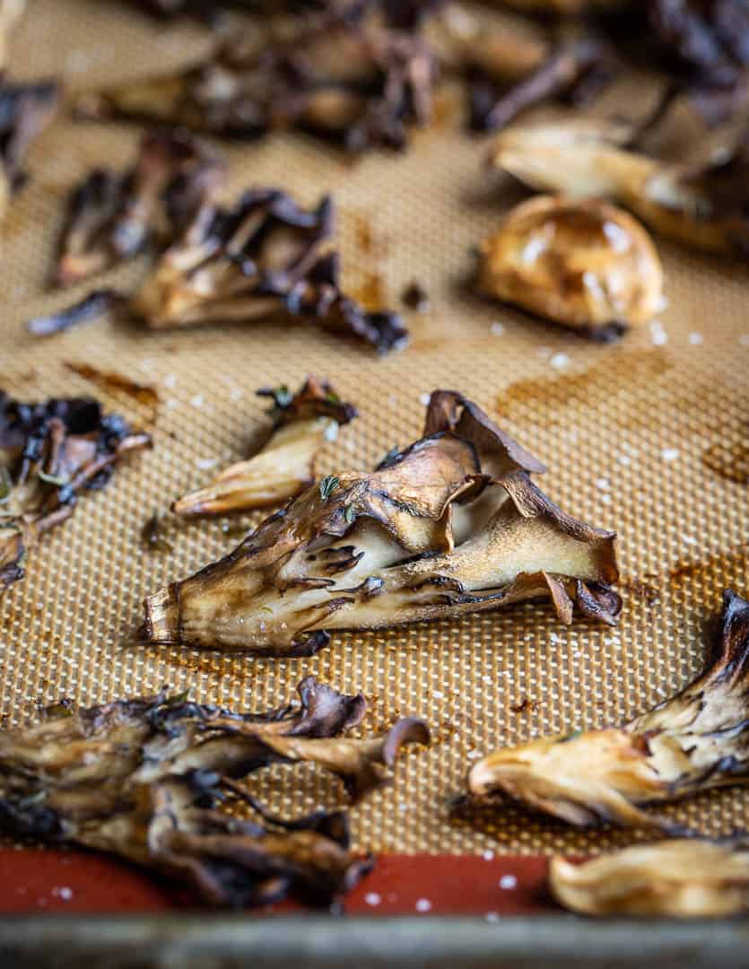 roasted hen of the woods or maitake mushrooms on a sheet tray 