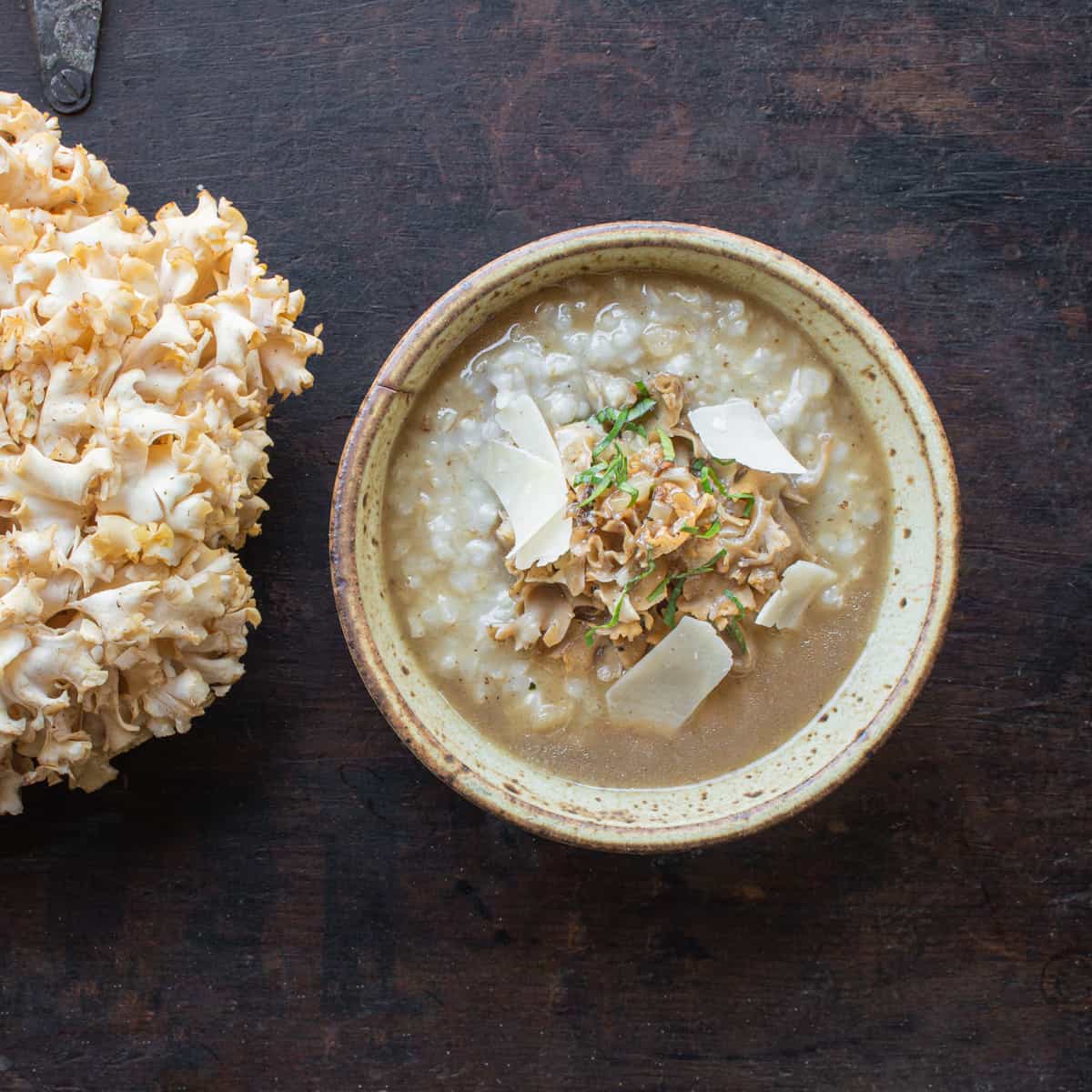 White risotto with cauliflower mushroom ragu