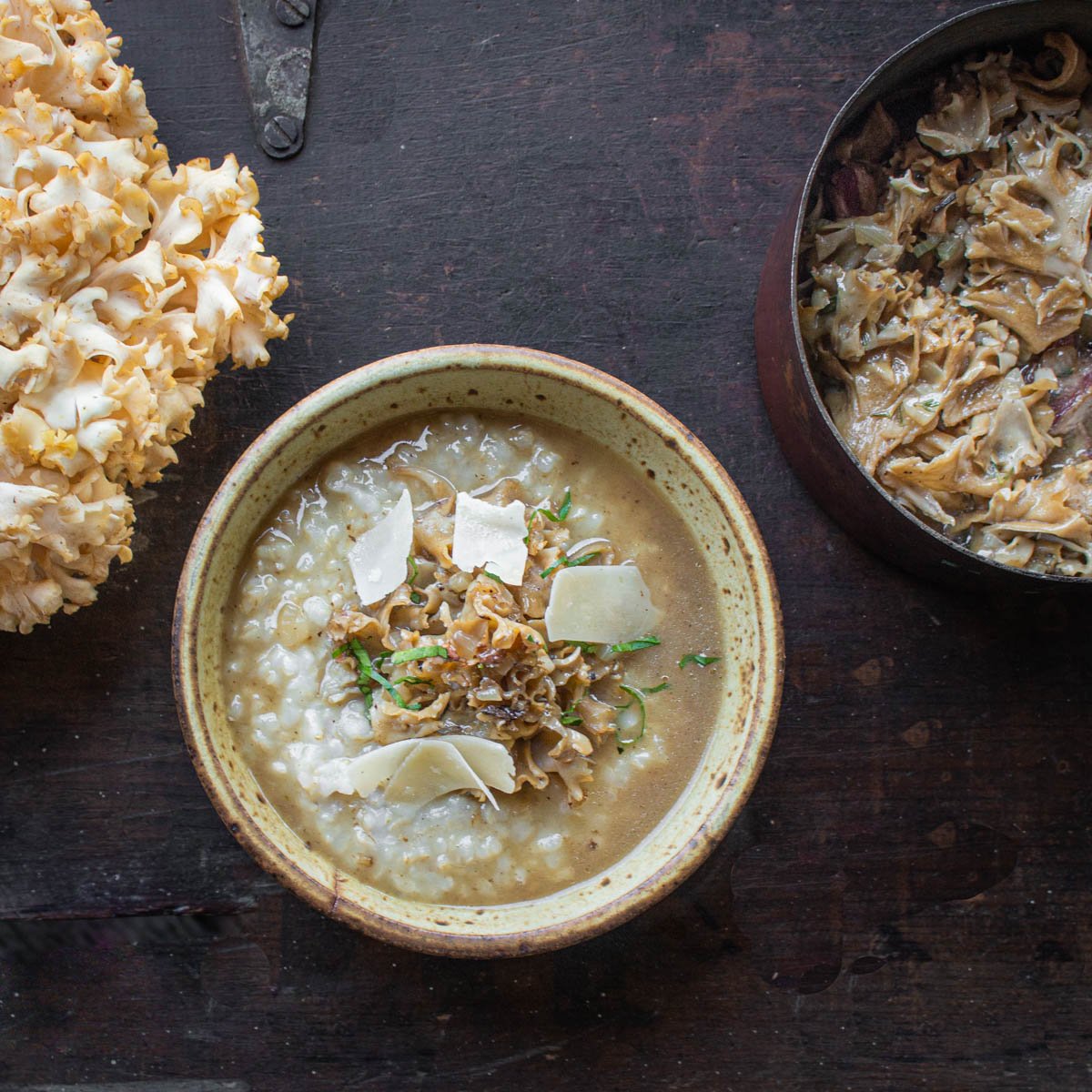 white risotto with cauliflower or sparassis mushroom ragu