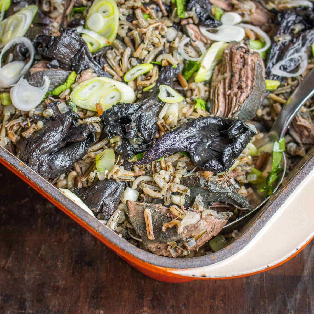 Parched wild rice with sharptail grouse, dried ramps, and blue chanterelles