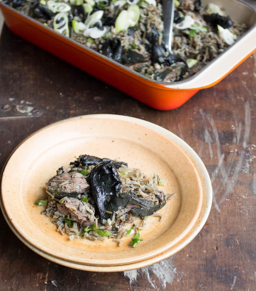 Parched wild rice with dried ramps, grouse, and Polyozellus multiplex mushrooms 